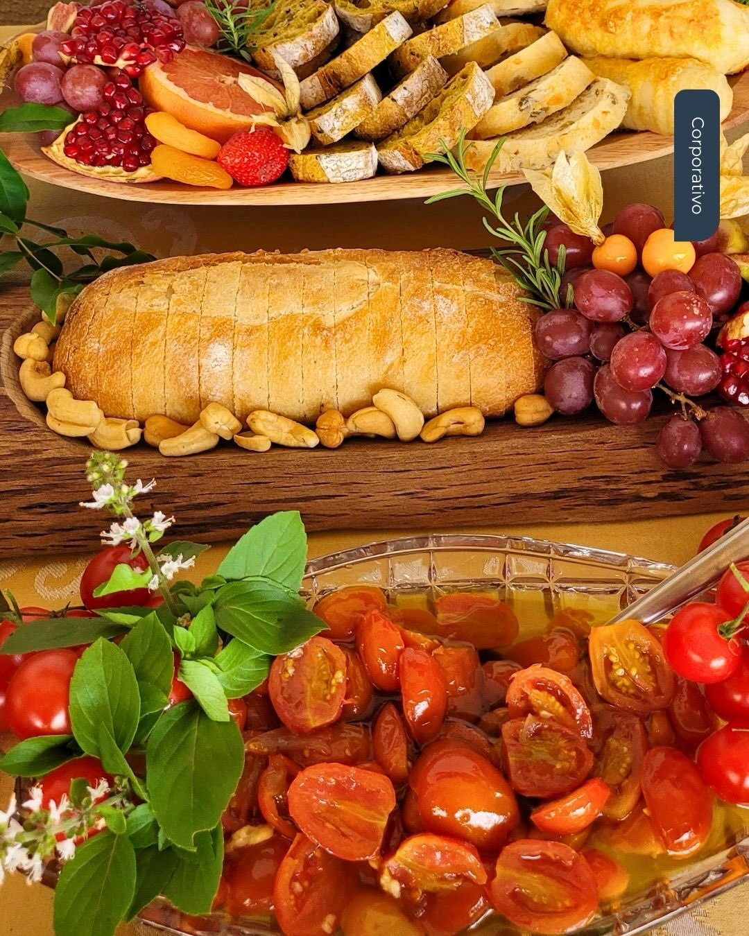 Mesa de buffet completa com pães, frios e acompanhamentos